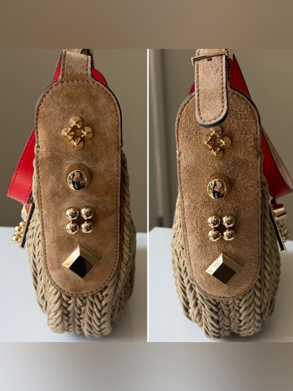 Christian Louboutin Carasky Mini Raffia Bag Gold Stud Crossbody Shoulder - Picture 6 of 14